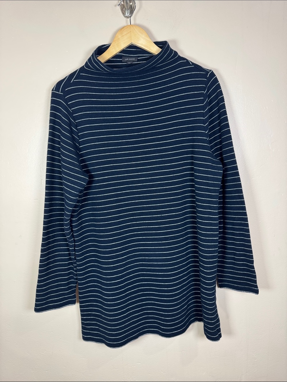 J. Jill Womens Mock Neck Sweater Navy Striped Nautical L Coastal Preppy Stretch